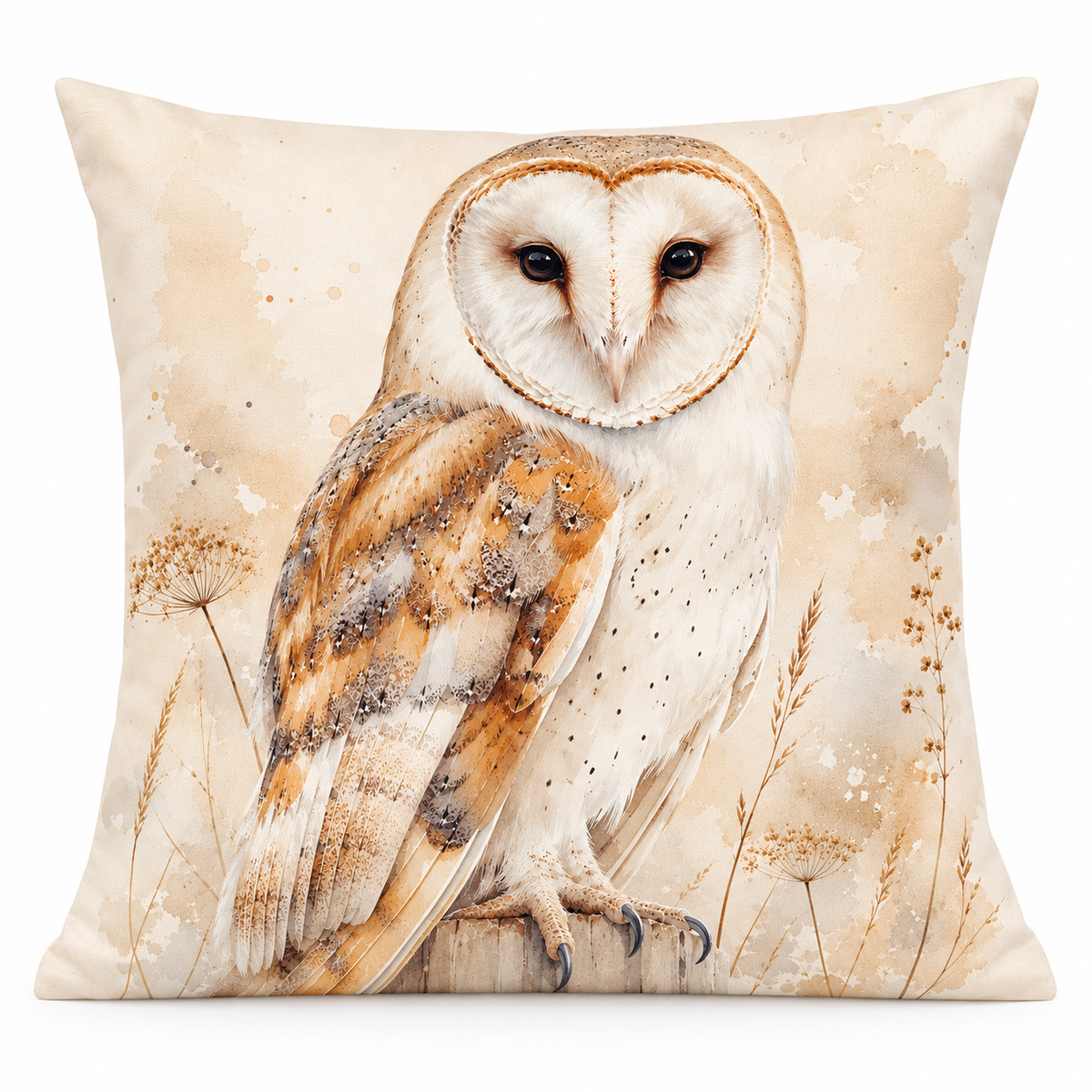 Barn Owl Print Cushion Cover – Watercolour - Style Wildlife Design – Cream & Golden Brown – 18" × 18"