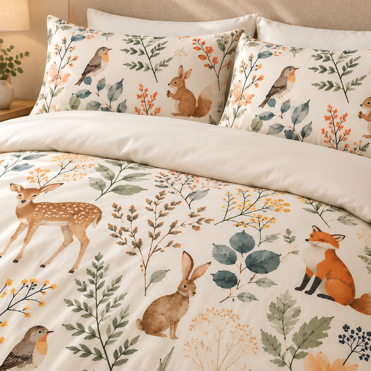 Wildlife Digital Print Duvet Cover Set (Woodland Animals & Botanicals)