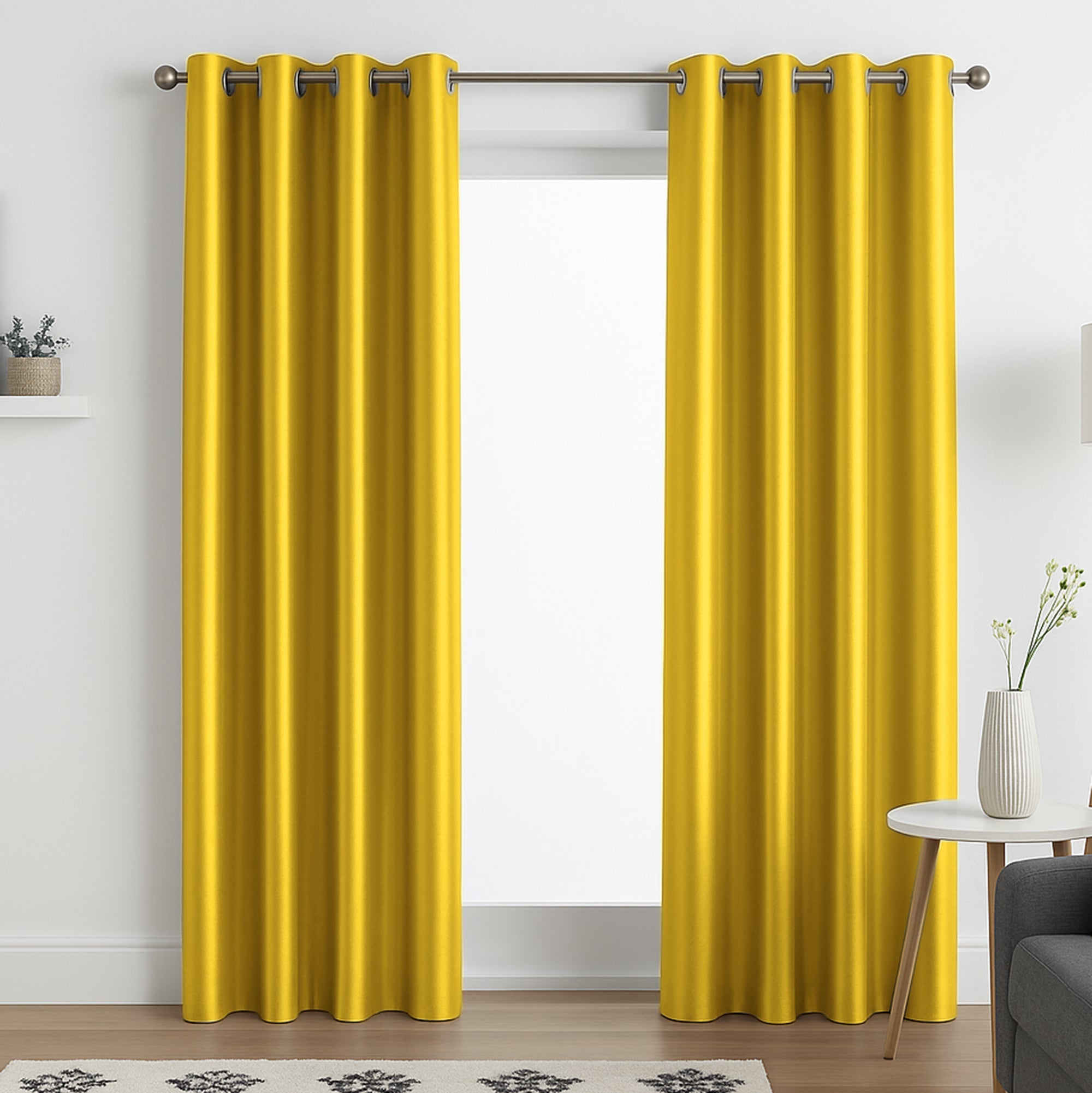 Faux Silk Eyelet Fully Lined Curtains (Yellow)