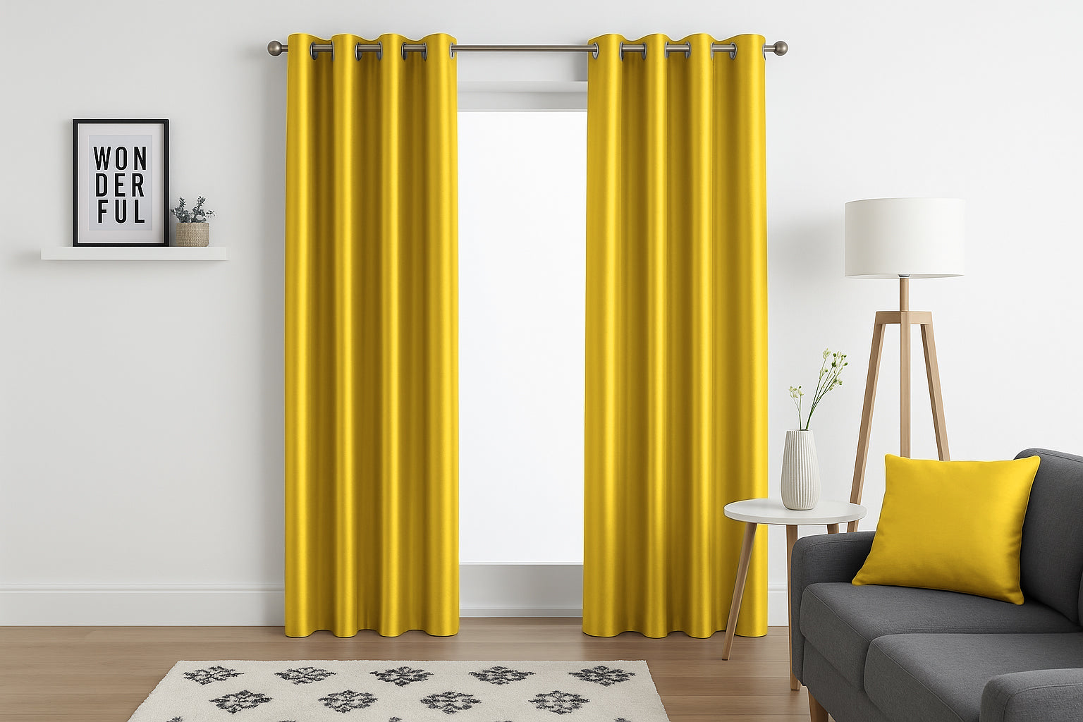 Faux Silk Eyelet Fully Lined Curtains (Yellow)
