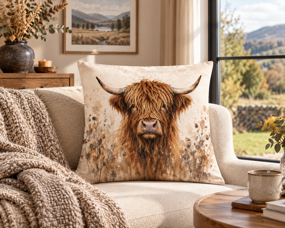 Highland Cow Print Cushion Cover – Rust Brown & Cream Watercolour-Style Design – 18" × 18"