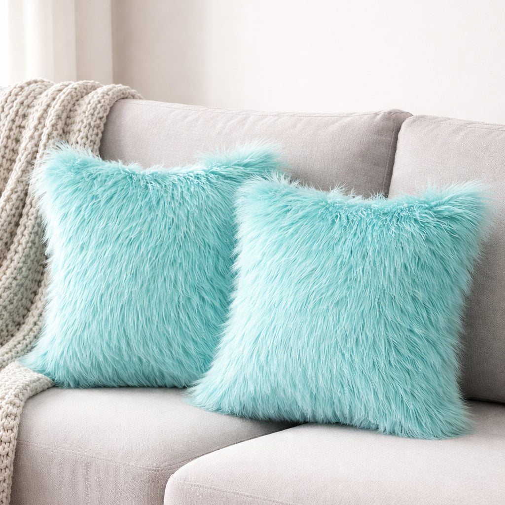 Set Of 2 Fluffy Faux Fur Shaggy Long Pile Decorative Pillow Cases (Multiple Colours, 45cm x 45cm)