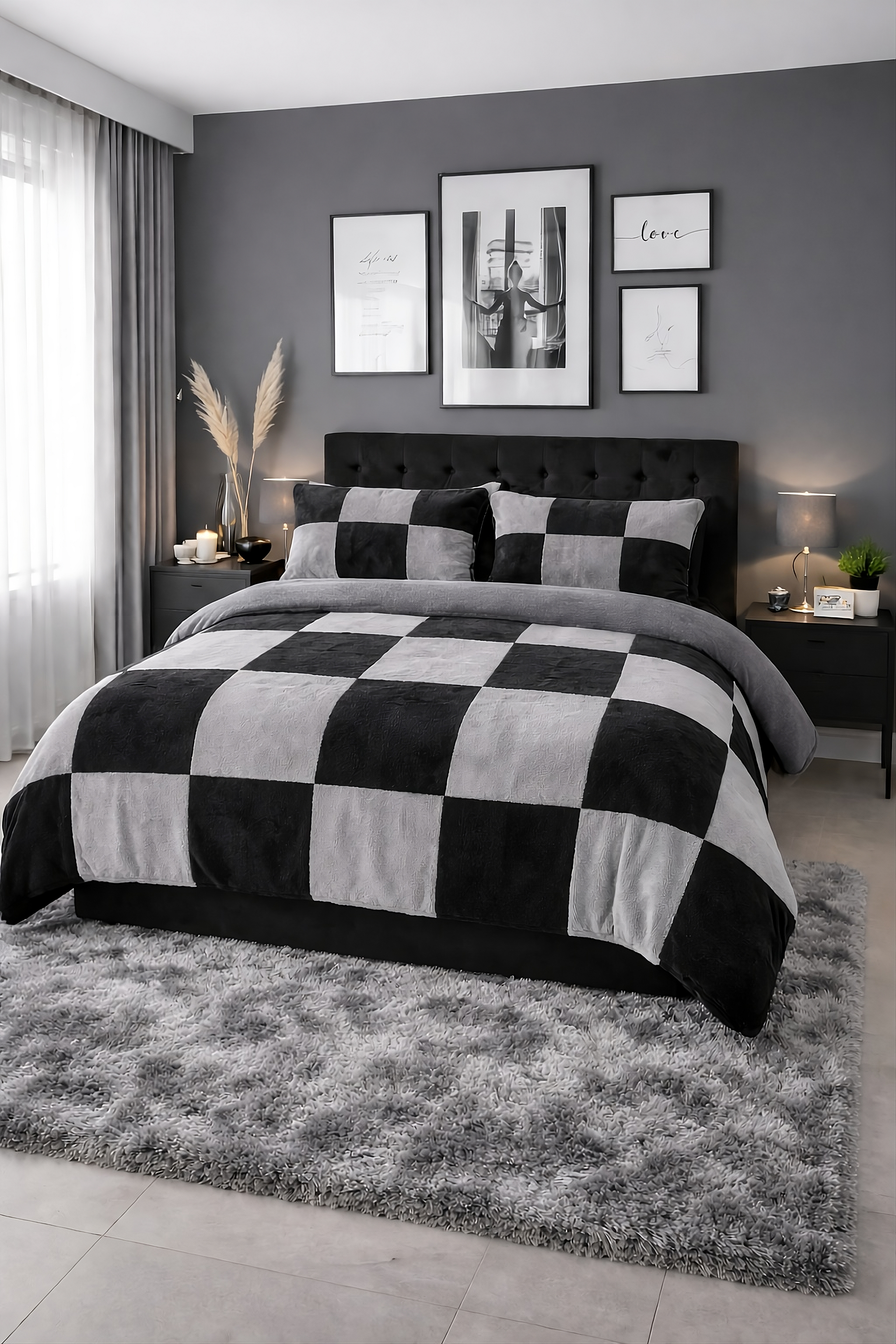 Teddy Fleece Checked Square Duvet Cover And Pillowcase Set (Black/Grey)