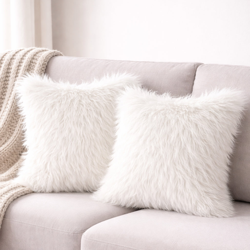 Set Of 2 Fluffy Faux Fur Shaggy Long Pile Decorative Pillow Cases (Multiple Colours, 45cm x 45cm)