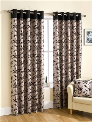 Alice Black Floral Flock Print Eyelet Ready Made Curtains
