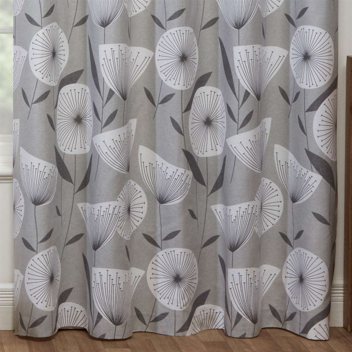 Amelia Modern Floral Lined Ready Made Eyelet Curtains (GREY-SILVER)