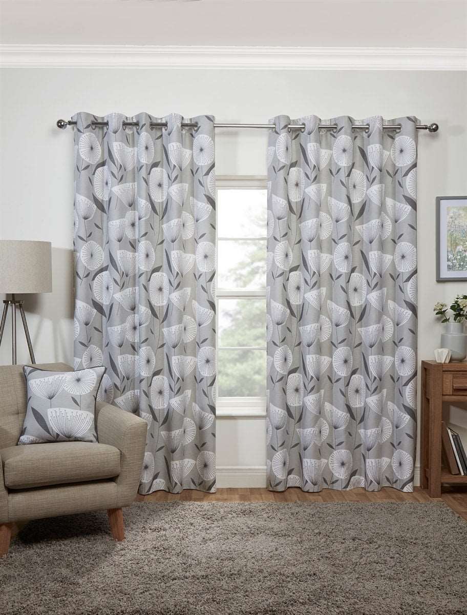 Amelia Modern Floral Lined Ready Made Eyelet Curtains (GREY-SILVER)