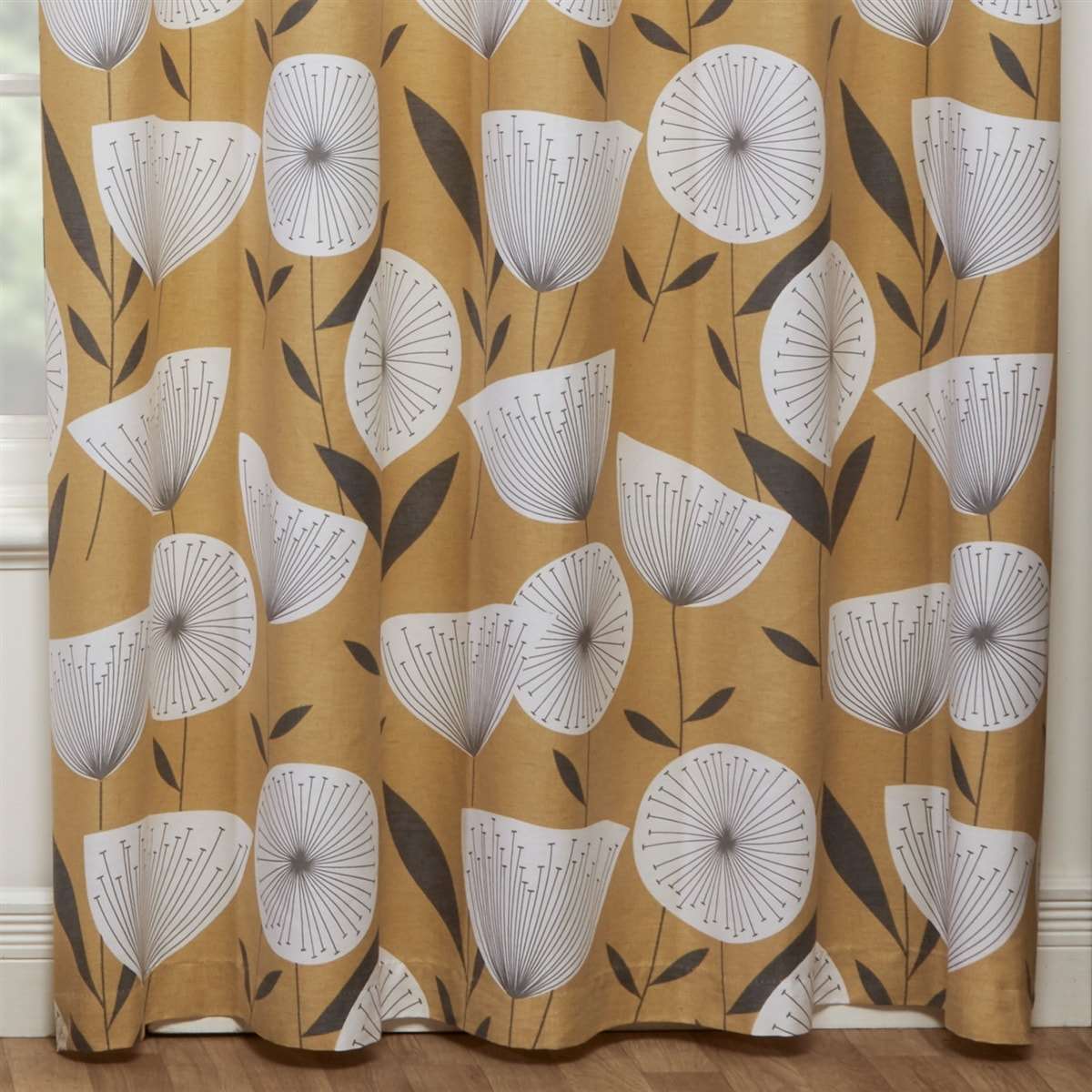 Amelia Modern Floral Lined Ready Made Eyelet Curtains (Ochre)