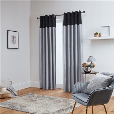 Chloe Crushed Velvet Band Fully Lined Faux Silk Eyelet Curtains (Black - Silver)