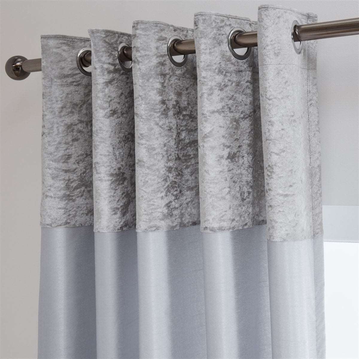 Chloe Crushed Velvet Band Fully Lined Faux Silk Eyelet Curtains (Silver)