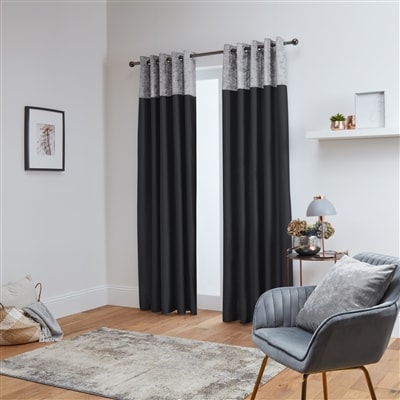 Chloe Crushed Velvet Band Fully Lined Faux Silk Eyelet Curtains (Silver - Black)