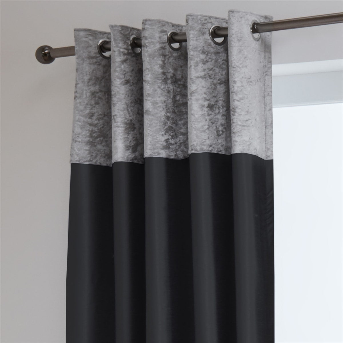 Chloe Crushed Velvet Band Fully Lined Faux Silk Eyelet Curtains (Silver - Black)