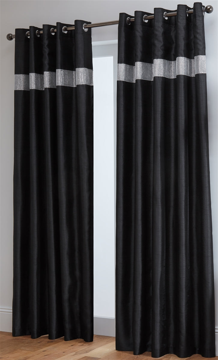Diamante' Fully Lined Black Faux Silk Ready Made Eyelet Curtains