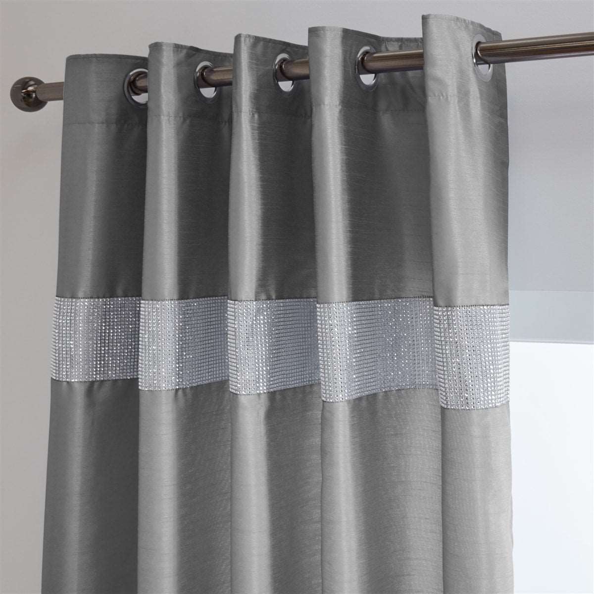Diamante' Fully Lined Grey Faux Silk Ready Made Eyelet Curtains