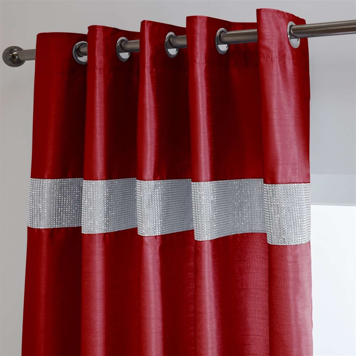 Diamante' Fully Lined Red Faux Silk Ready Made Eyelet Curtains