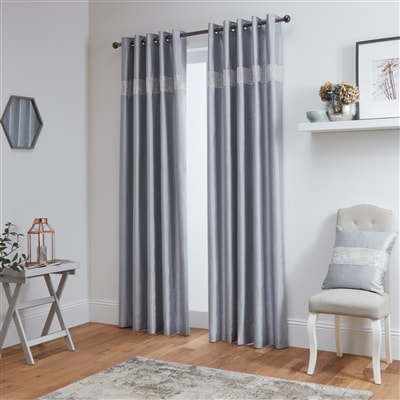 Diamante' Fully Lined Silver Faux Silk Ready Made Eyelet Curtains