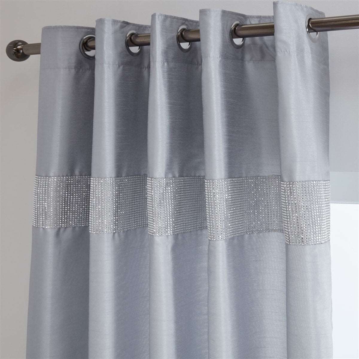 Diamante' Fully Lined Silver Faux Silk Ready Made Eyelet Curtains