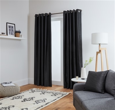 Faux Silk Eyelet Fully Lined Curtains (Black)