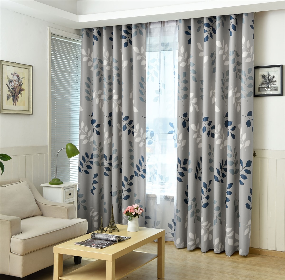 Floral Leaf Thermal Blockout Eyelet Curtains - (Grey-Blue)