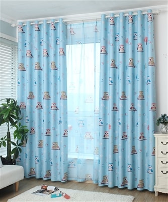 Owl Thermal Blockout Ready Made Eyelet Curtain Set (Blue)