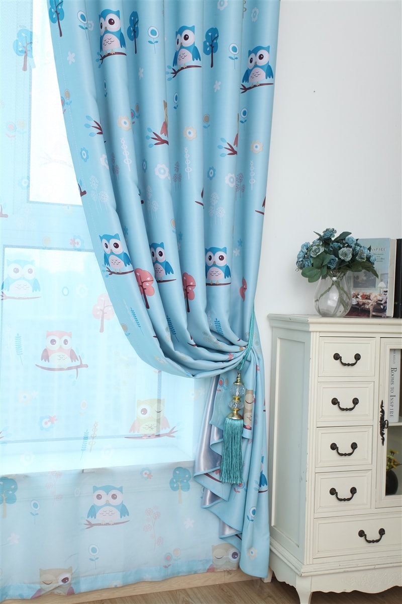 Owl Thermal Blockout Ready Made Eyelet Curtain Set (Blue)