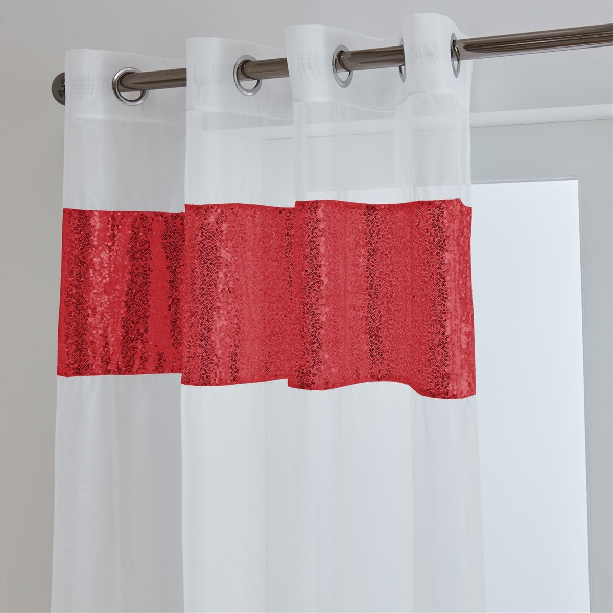 Sparkle Sequin Eyelet Voile Panel (White-Red)