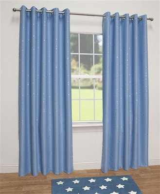 Stars Thermal Blackout Ready Made Eyelet Curtains (Blue)
