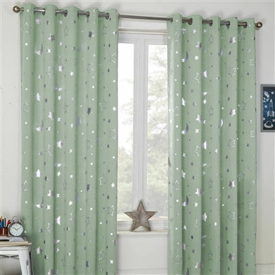 Stars and Moon Thermal Blackout Eyelet Curtains (Green)