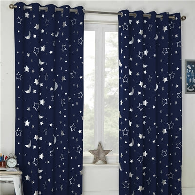 Stars and Moon Thermal Blackout Eyelet Curtains (Navy)
