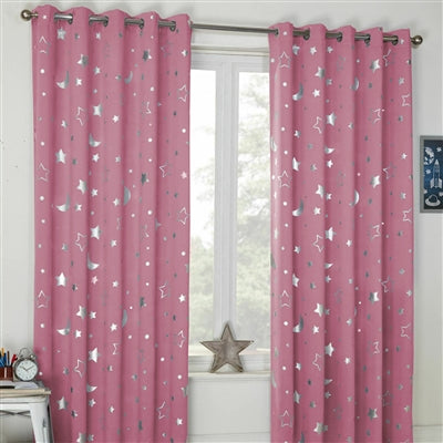Stars and Moon Thermal Blackout Eyelet Curtains (Pink)