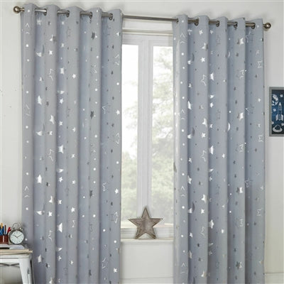 Stars and Moon Thermal Blackout Eyelet Curtains (Silver)