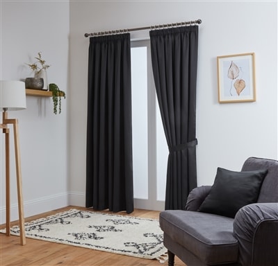 Thermal Blackout Ready Made Tape Top Curtains + Tie Backs (Black)