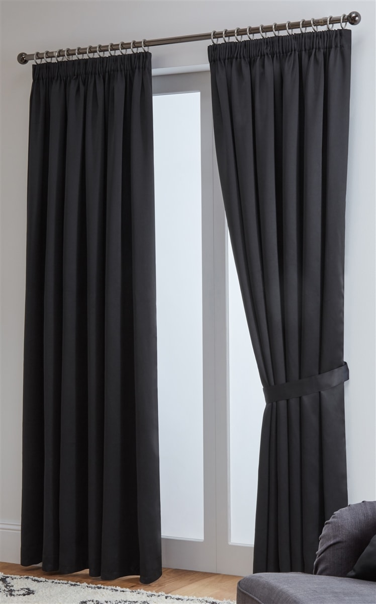 Thermal Blackout Ready Made Tape Top Curtains + Tie Backs (Black)