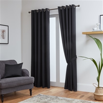 Thermal Blackout Ready Made Eyelet Curtains + Tie Backs (Black)