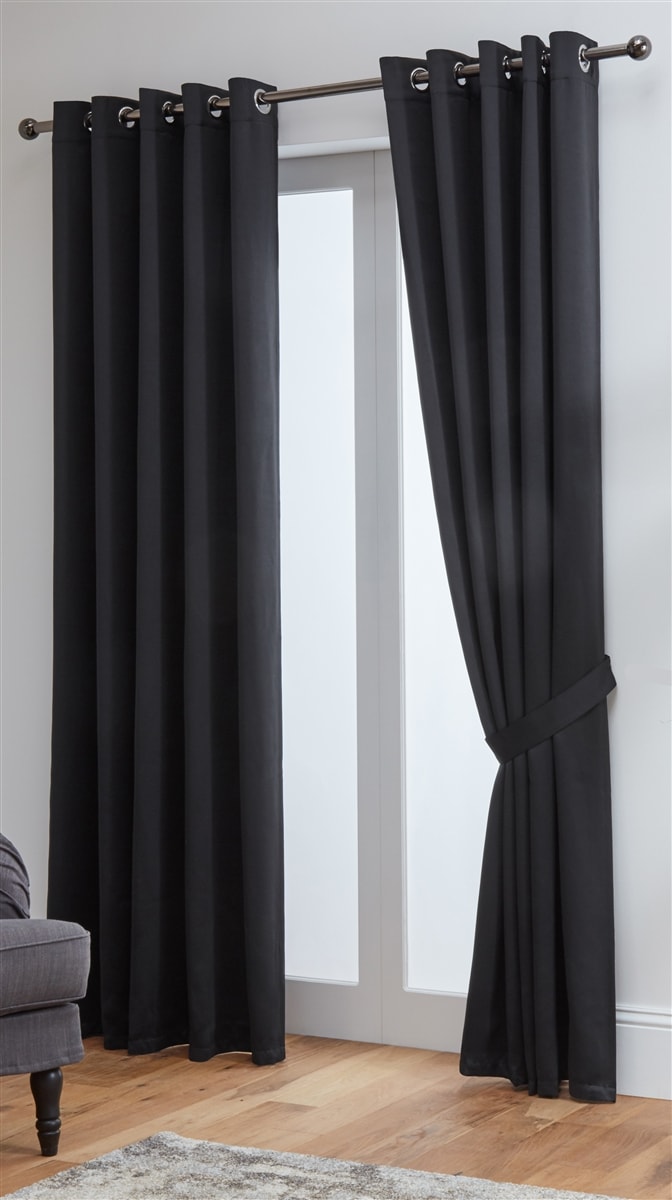 Thermal Blackout Ready Made Eyelet Curtains + Tie Backs (Black)