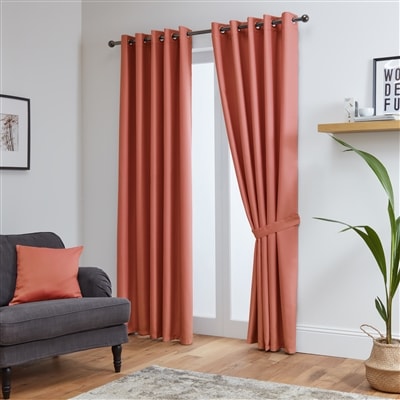 Thermal Blackout Ready Made Eyelet Curtains + Tie Backs (Coral)
