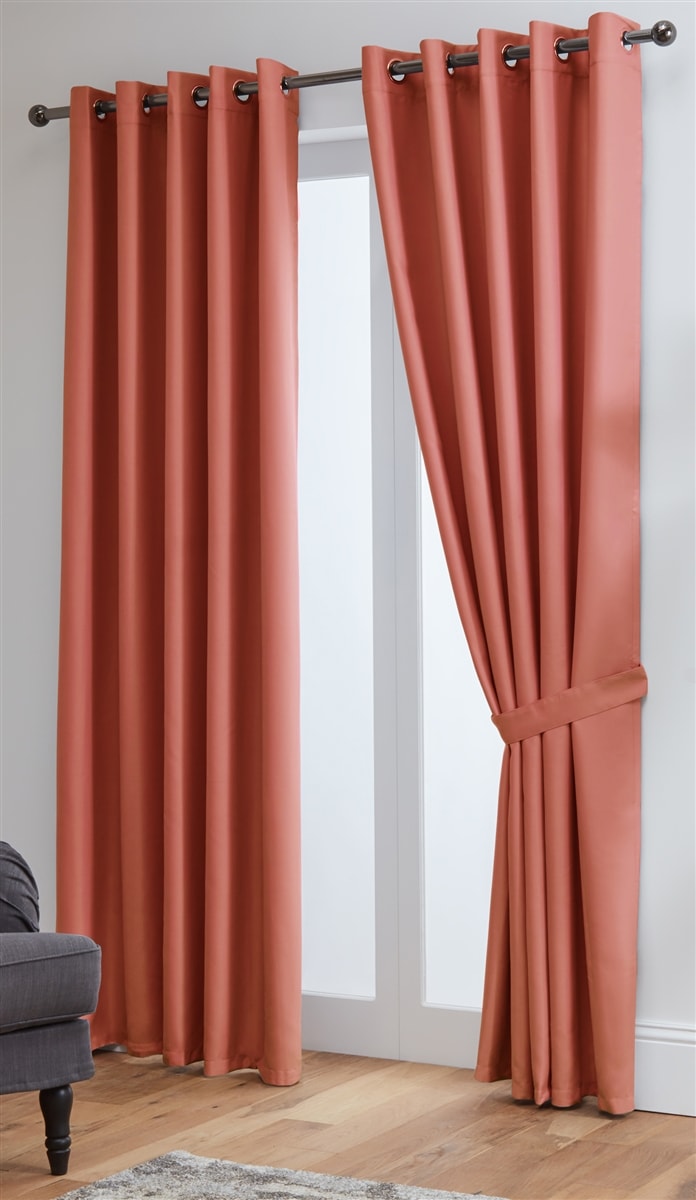 Thermal Blackout Ready Made Eyelet Curtains + Tie Backs (Coral)