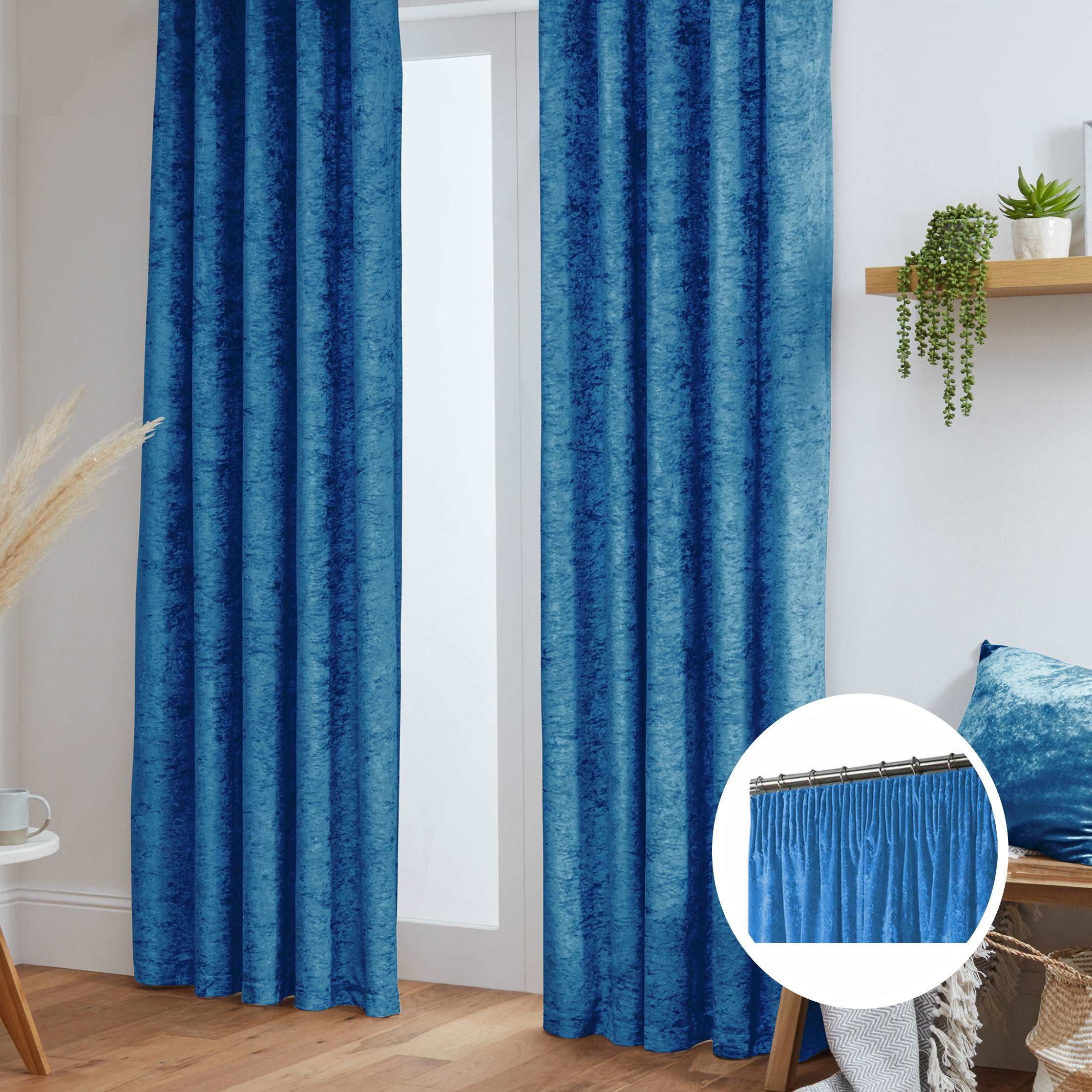 Crushed Velvet Fully Lined Ready Made Tape Top Curtains (Blue)