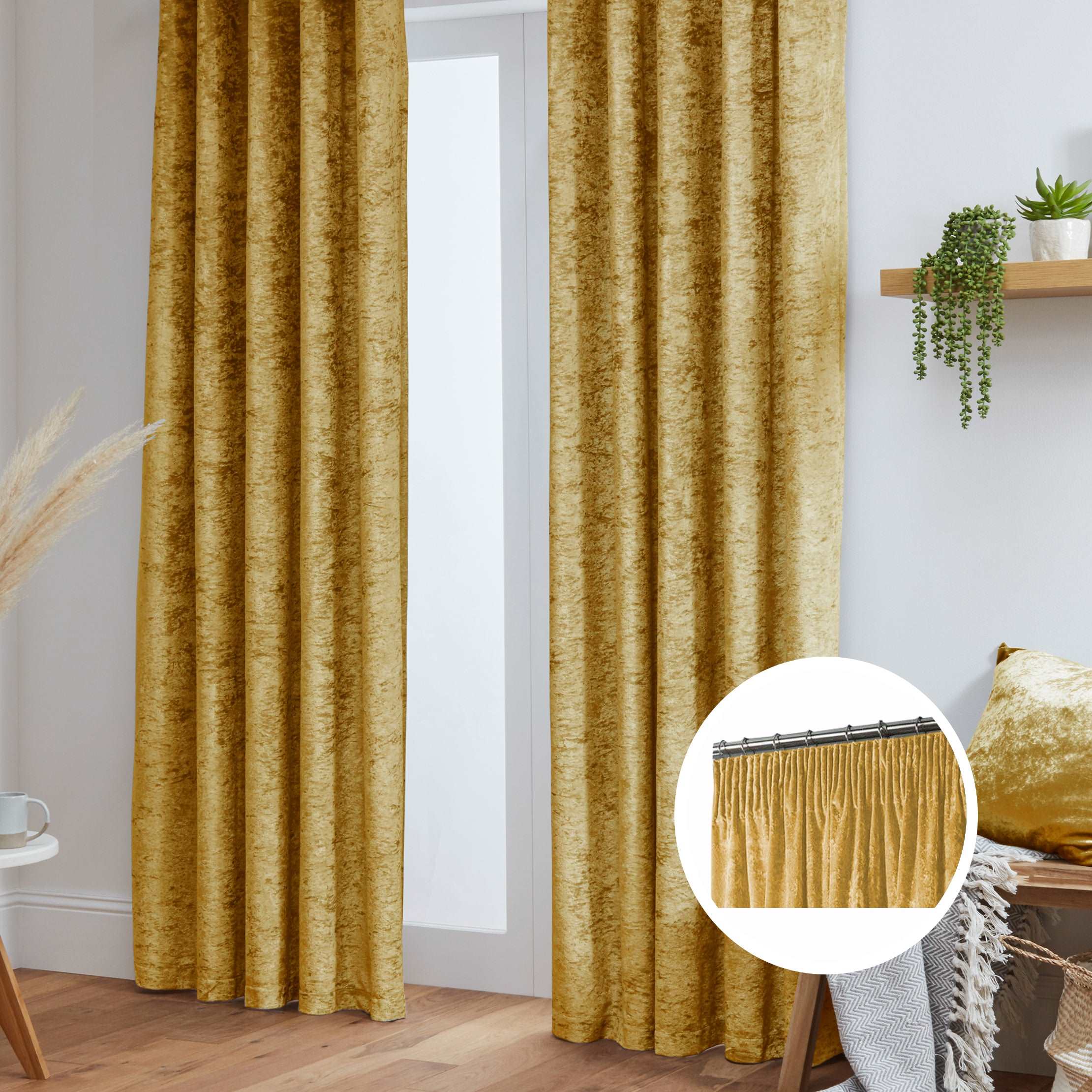 Crushed Velvet Fully Lined Ready Made Tape Top Curtains (Ochre)