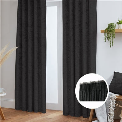 Crushed Velvet Fully Lined Ready Made Tape Top Curtains (Black)