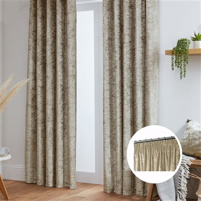 Crushed Velvet Fully Lined Ready Made Tape Top Curtains (Cream)
