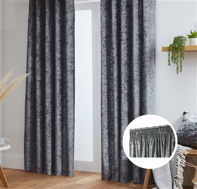 Crushed Velvet Fully Lined Ready Made Tape Top Curtains (Dark Grey)