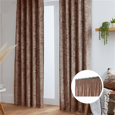 Crushed Velvet Fully Lined Ready Made Tape Top Curtains (Mocha)