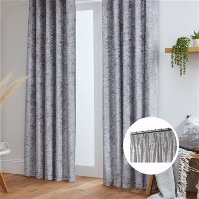 Crushed Velvet Fully Lined Ready Made Tape Top Curtains (Silver)